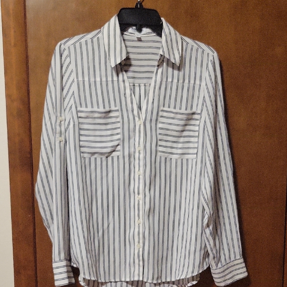 Express Portofino Black White Striped Long Sleeve Blouse M